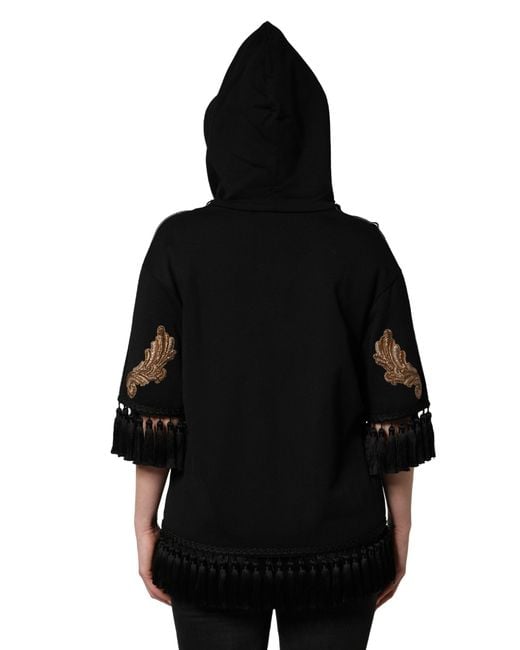 Dolce & Gabbana Black Embroidered Tassel Hooded Sweatshirt Sweater Cotton Clothing