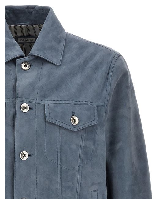 Brunello Cucinelli Blue Suede Jacket for men