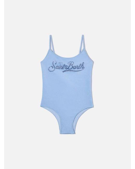 Mc2 Saint Barth Blue Cecille Jr One-Piece Swimsuit Glossy Finish Fabric With Rhinestone Logo Sky One Piece