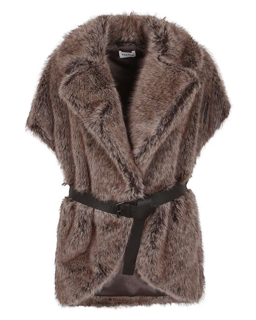 P.A.R.O.S.H. Brown Faux Fur Vest With Lapel Collar And Tone-On-Tone Belt