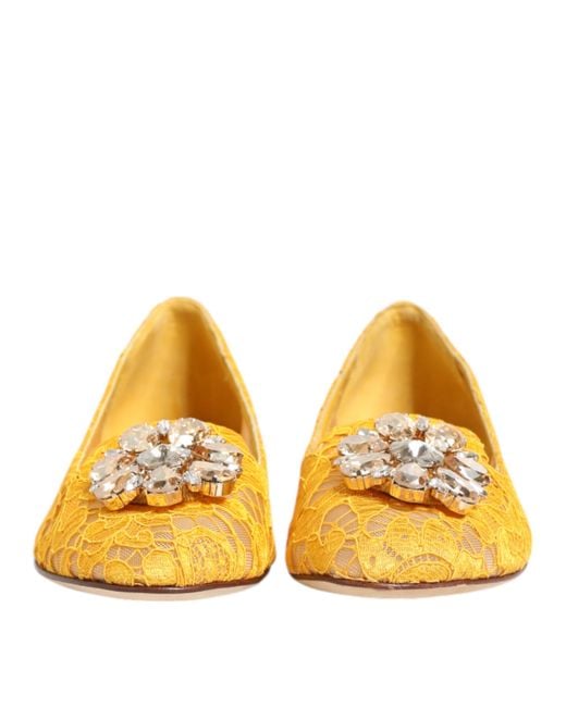 Dolce & Gabbana Yellow Taormina Lace Crystals Flats Shoes Viscose Cotton Nylon