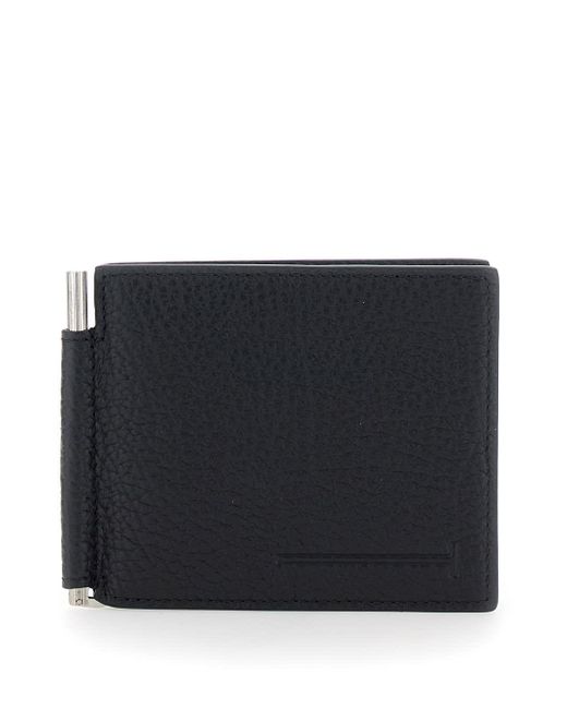 Tom Ford Black Bi-Fold Wallet With T Detail On The Front And Embossed Logo On The Rear for men