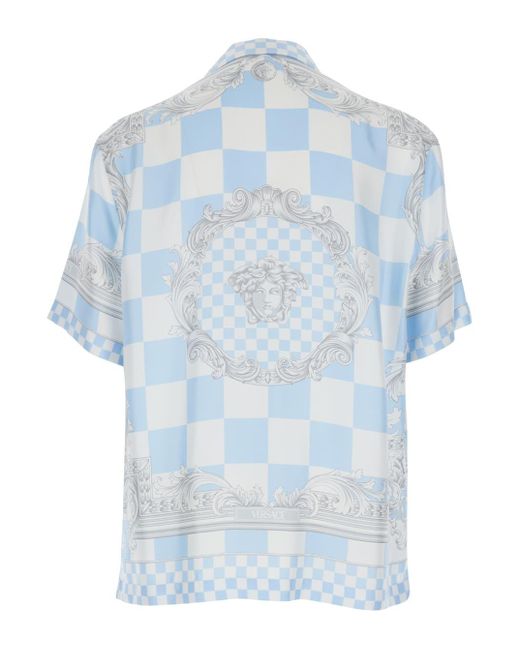 Versace Blue Light Bowling Shirt With Barocco Print for men
