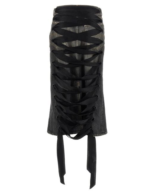 Balenciaga Lace Up Denim Skirt in Gray | Lyst