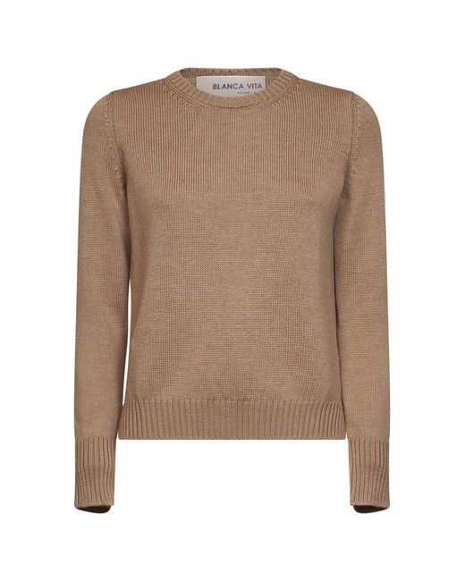 Blanca Vita Brown Camel Virgin Wool Knit Crewneck Sweater