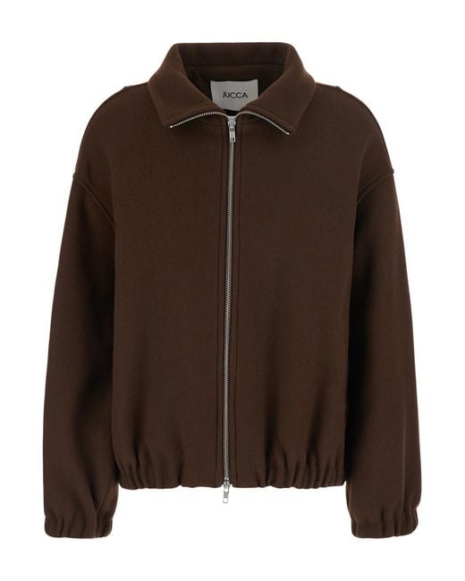 Jucca Brown Bomber Jacket High Collar Wool Blend Coat