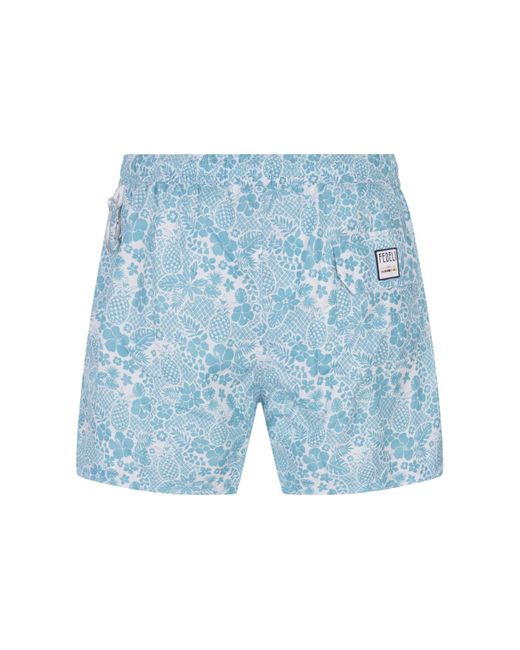 Fedeli Blue Sky Swim Shorts With Tropical Pattern for men