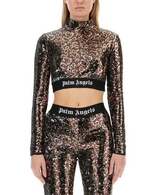 Palm Angels Black Sequined Top Polyester T-Shirts