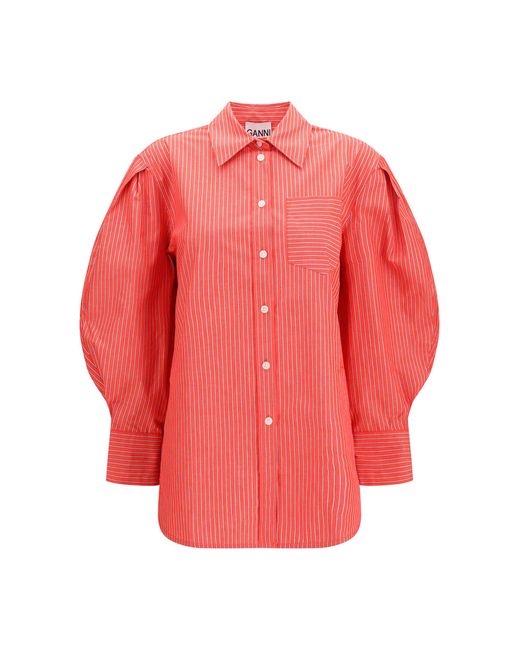 Ganni Pink Striped Cotton Shirt With Balloon Sleeves