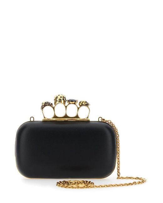 Alexander McQueen Black 'Four Ring' Clutch With Shoulder Strap And Skull-Shaped Studs