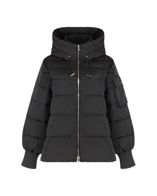 Pinko Black Short Hooded Down Jacket Crusca Polyester Puffer