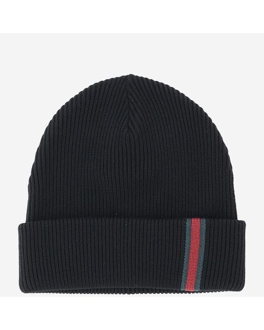 Gucci Blue Wool Beanie With Web Stripes Hat for men
