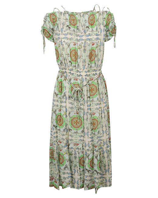 Tory Burch Green Printed Silk Off-shoulder Dress