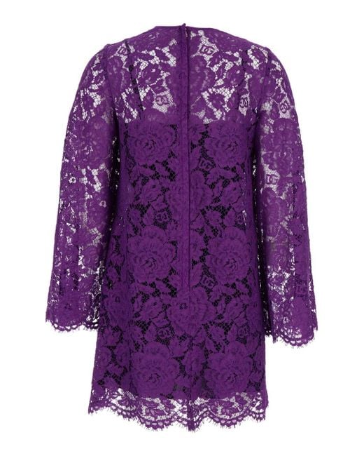 Dolce & Gabbana Purple Dress With Round Neck And All-Over Floral Embroidery