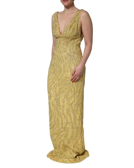 Dolce & Gabbana Yellow V-Neckline Mermaid Sequinned Gown Dress