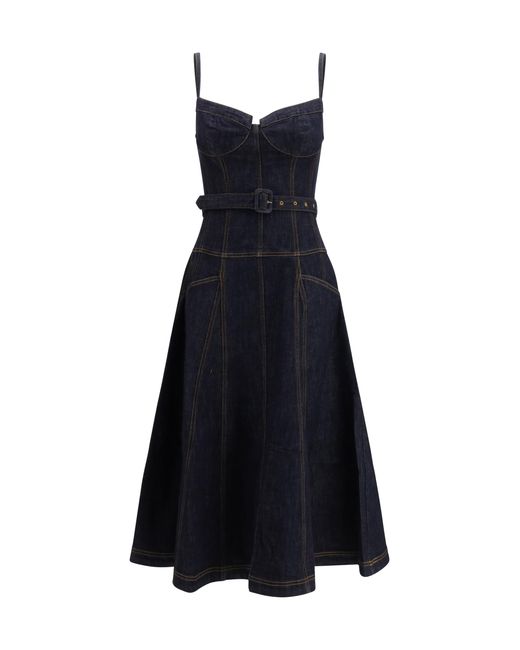 Self-Portrait Blue Denim Flared Midi Dress Cotton; Polyester; Elastane