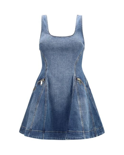 Self-Portrait Blue Denim Flared Mini Dress Cotton; Elastane