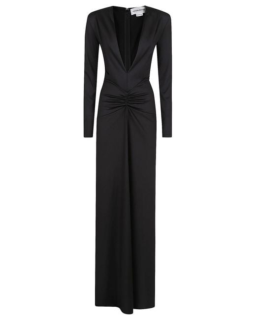 Victoria Beckham Black Long Sleeve Deep V-Neck Gown