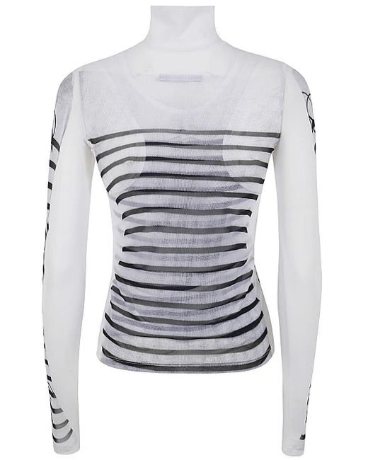 Jean Paul Gaultier Gray Spandex And Mesh Longsleeve Top Printed Feathers Mariniere