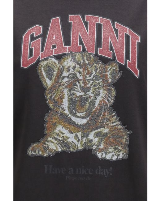 Ganni Black Tiger Cotton T-Shirt T-Shirts