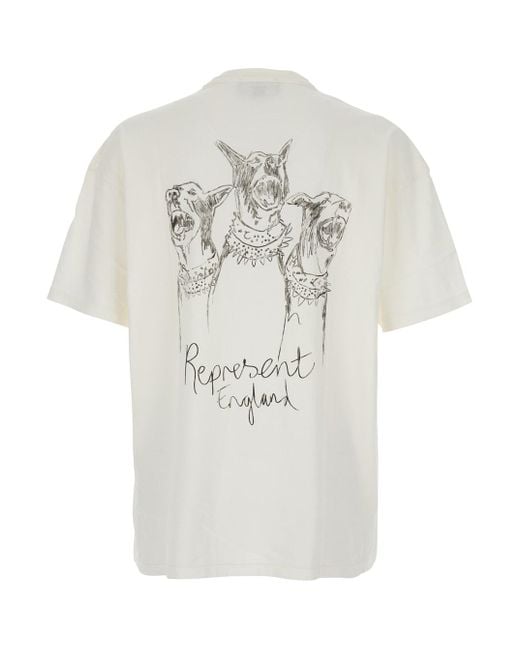 Represent White Thoroughbred Dog Crewneck T-Shirt With Logo Lettering On The Front And Maxi Drawing On The Rear for men