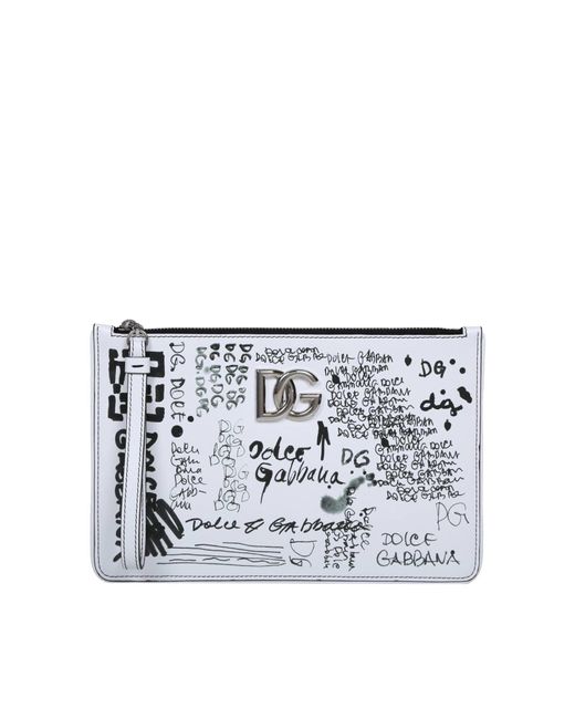 Dolce & Gabbana White Bag In Graffiti Print Leather
