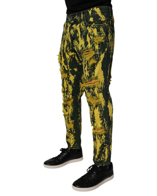 Dolce & Gabbana Green Black Yellow Tie Dye Tattered Skinny Men Denim Jeans for men