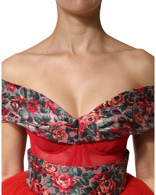 Dolce & Gabbana Red Floral Off Shoulder A-Line Gown Dress