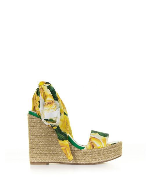 Dolce & Gabbana Yellow Flower Patterned Wedge With Ankle Laces
