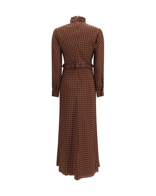 Alessandra Rich Brown Polka Dot Silk Crêpe De Chine Midi Dress With Bow Outer: Silk; Inner: Viscose