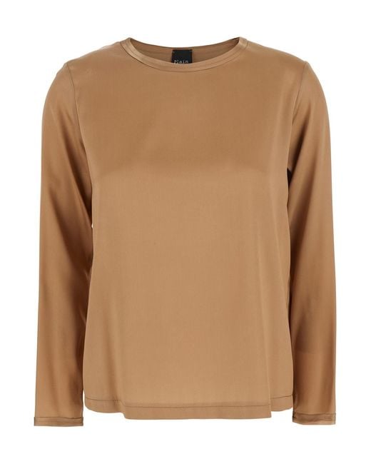 Le Plain Brown Silk Long Sleeve Blouse For Elastane Shirts And Blouses