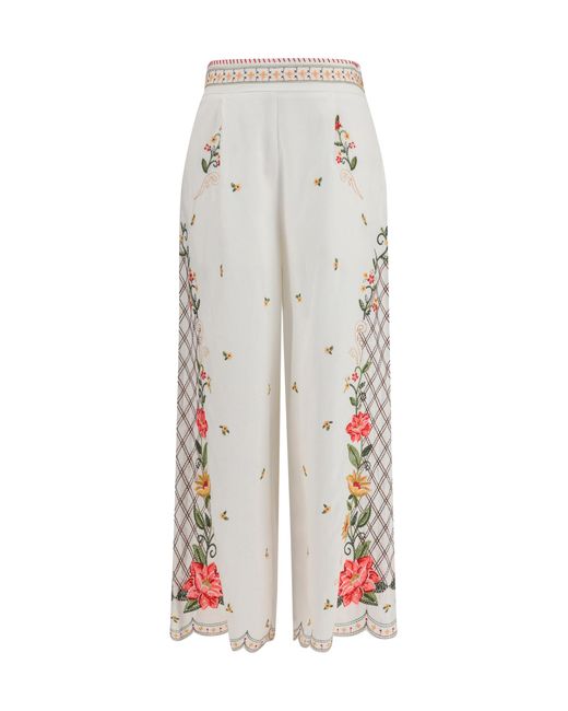 Farm Rio White Floral Embroidered Wide-Leg Pants Linen; Viscose