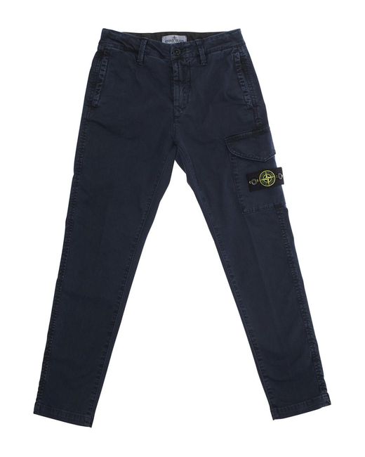 Stone Island Blue Pants With Cargo Pocket And Logo Patch Cotton Trousers for men