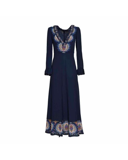Etro Blue Paisley-Printed Plunging V-Neck Maxi Dress