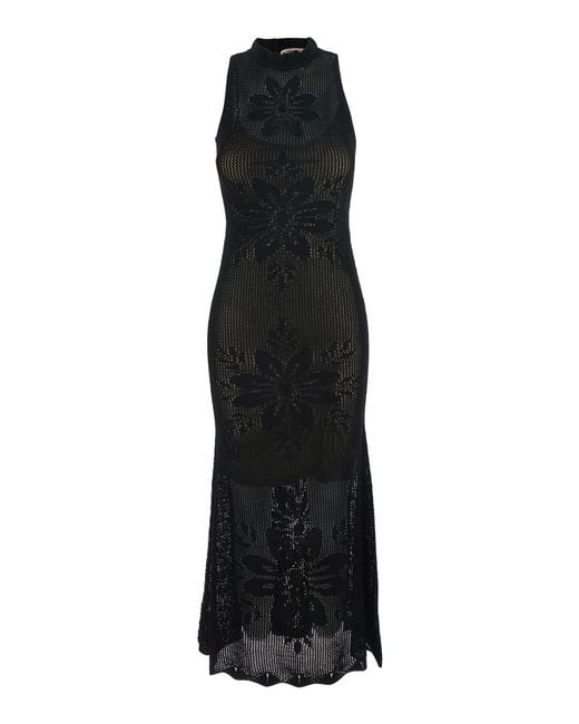 Twinset Black Long Dress Knitted With V-Neck And Sleeves Viscose Polyamide