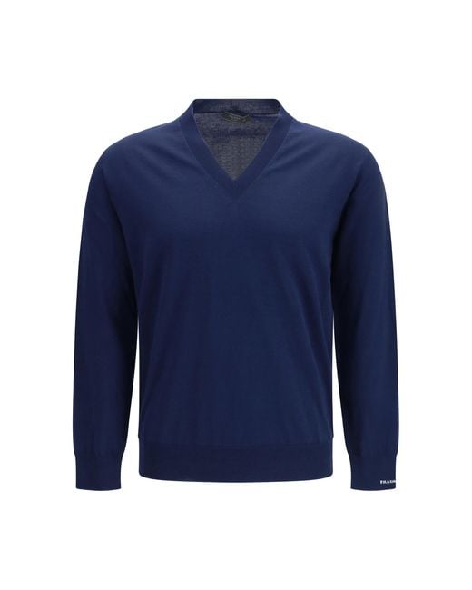 Prada Blue Cotton V-Neck Sweater for men