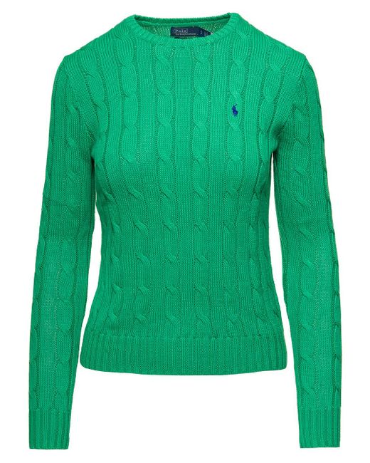 Ralph Lauren Green Juliana Cable Knit Pullover With Contrasting Embroidered Logo