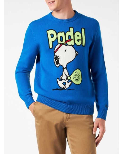 Mc2 Saint Barth Blue Crewneck Sweater With Snoopy Padel Jacquard Snoopy for men