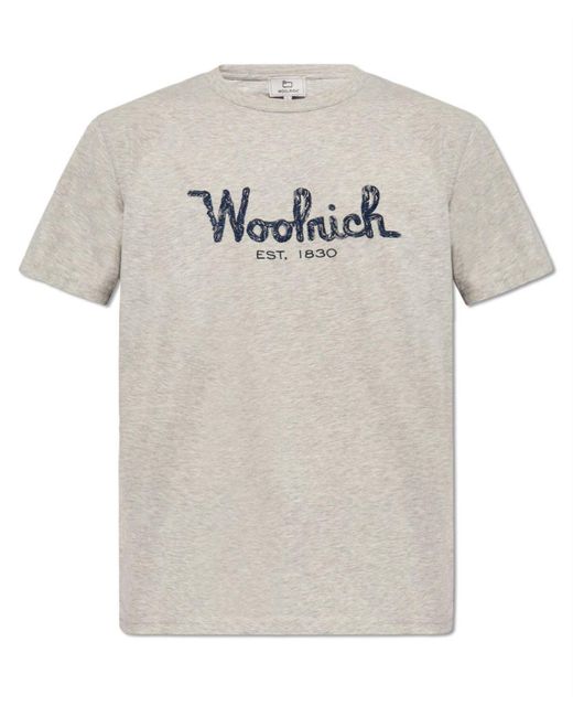 Woolrich White Logo Embroidered Crewneck T-Shirt for men