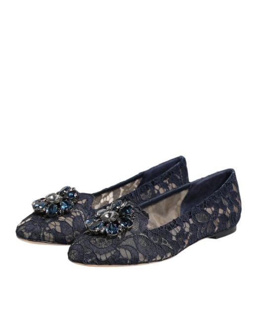 Dolce & Gabbana Black Taormina Lace Crystals Flats Shoes