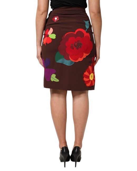 Dolce & Gabbana Red Floral Appliqu Slit Skirt