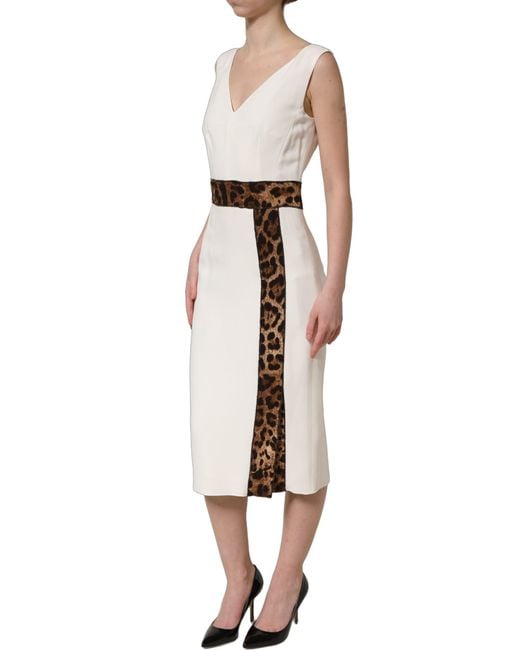 Dolce & Gabbana Natural White Leopard Sleeveless Sheath Midi Dress