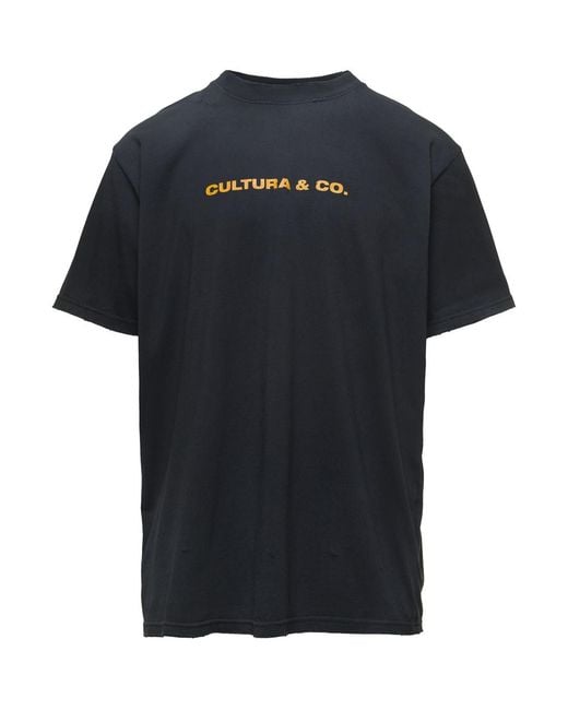 Cultura Black Crewneck T-Shirt With & Co Print for men