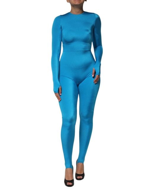Dolce & Gabbana Blue Nylon Crew Neck Bodycon Jumpsuit Dress