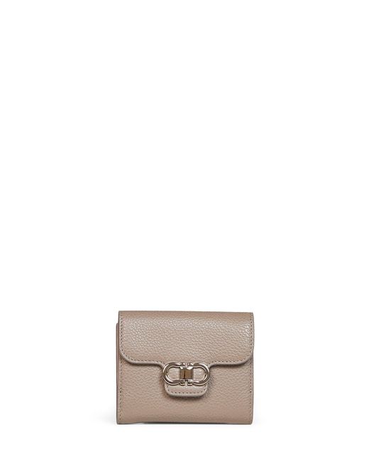 Ferragamo Gray Compact Wallet Gancini Calfskin Calf Leather & Purses