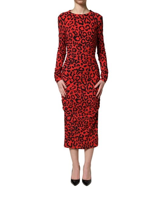 Dolce & Gabbana Red Leopard Print Long Sleeves Midi Dress Nylon Elastane