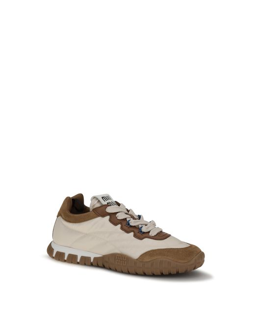 Miu Miu Metallic Fabric And Suede Sneakers Ivory-Caramel Upper Polyamide Trainers