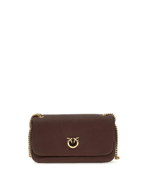 Pinko Brown Love Birds Click Soft Horizontal Leather Shoulder Bag Calf Bos Taurus