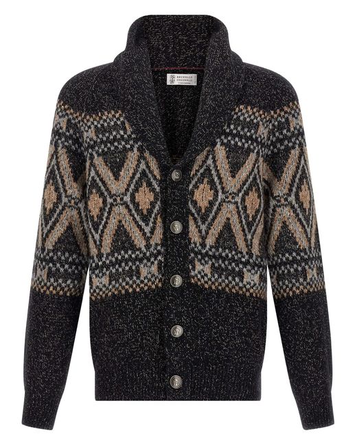 Brunello Cucinelli Black Geometric Jacquard Cardigan for men