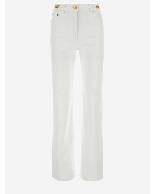 Versace White Cotton Denim Jeans With Leather Accents